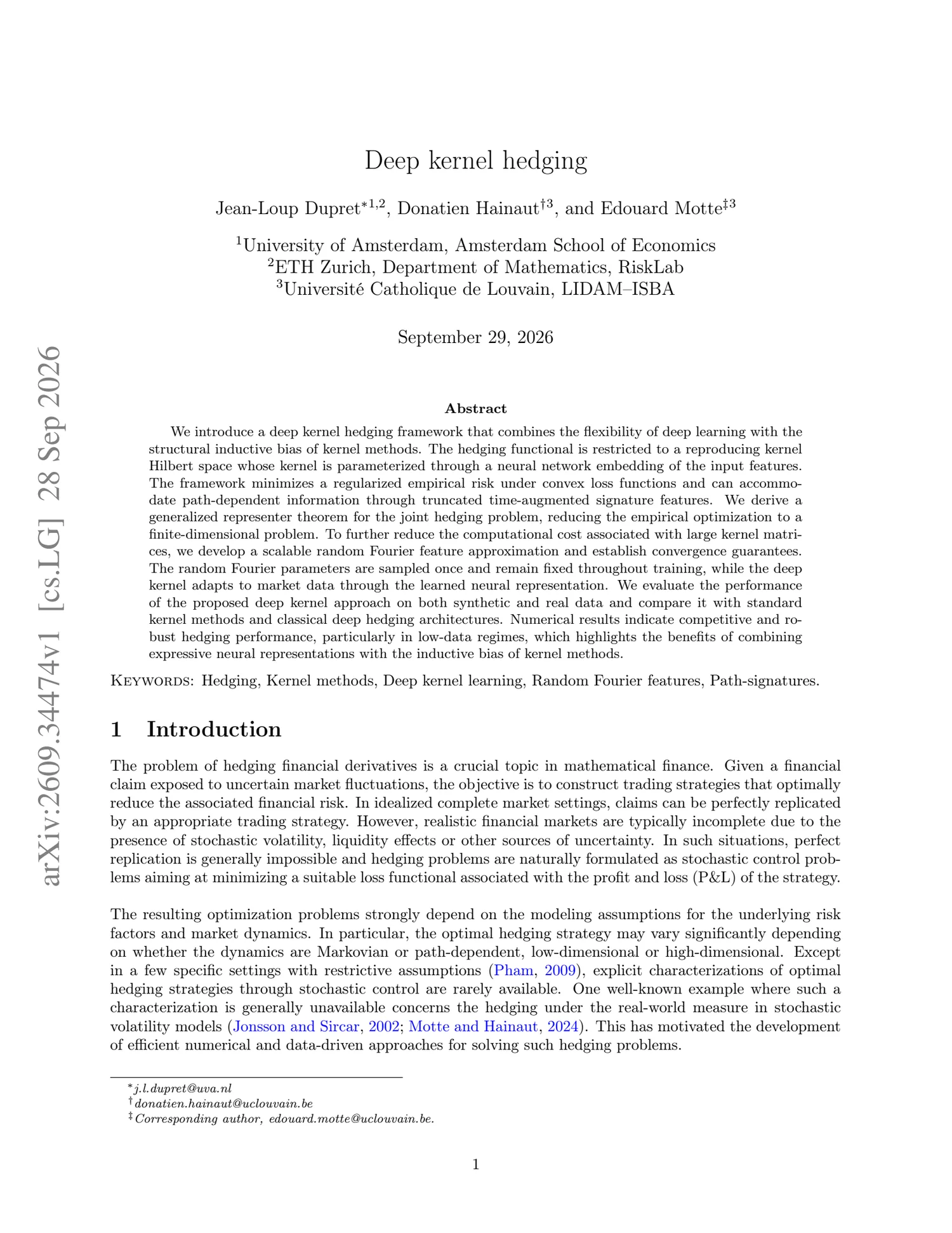 Page one of the paper Deep kernel hedging